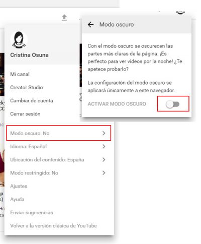 Diseño modo oscuro youtube